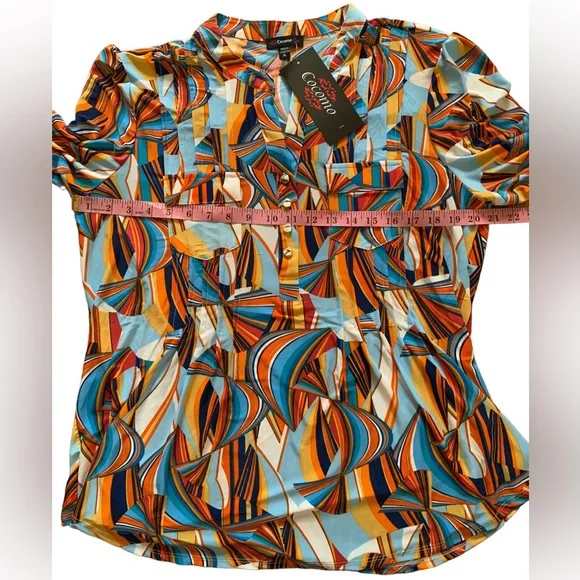 COCOMO XL 3/4 sleeve blue orange multicolored women’s pintuck Blouse top… - Picture 12 of 14